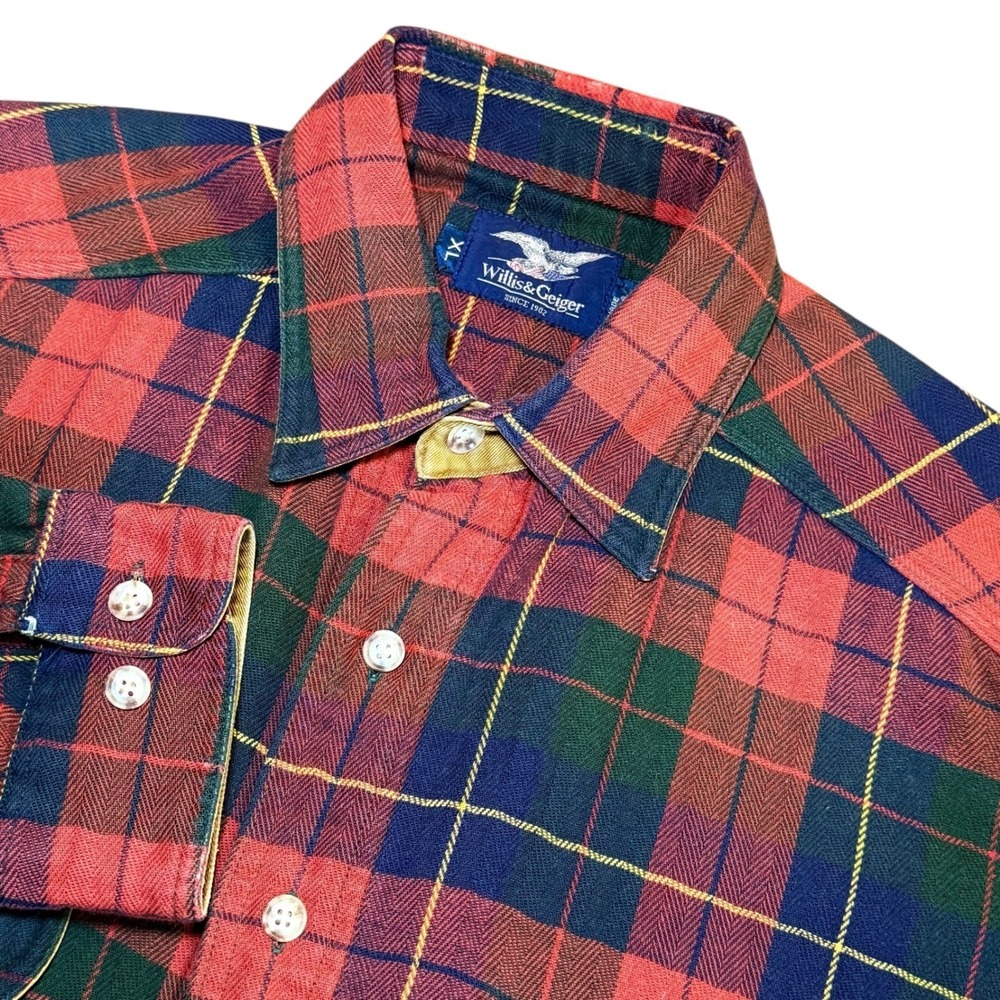Willis & Geiger Mens XL Red Plaid Cotton Flannel Shirt Elbow Patches Button Down